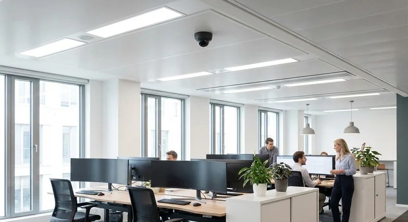 현대적인 사무실 인테리어에 천장 돔 카메라와 전문 조명이 돋보이는 공간