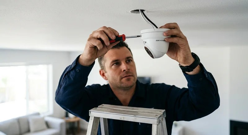 실내에서 드라이버를 사용해 보안 카메라를 설치하는 모습
