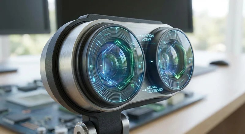 첨단 듀얼 NPU 카메라 렌즈에 AI 비전 오버레이가 보이는 접사