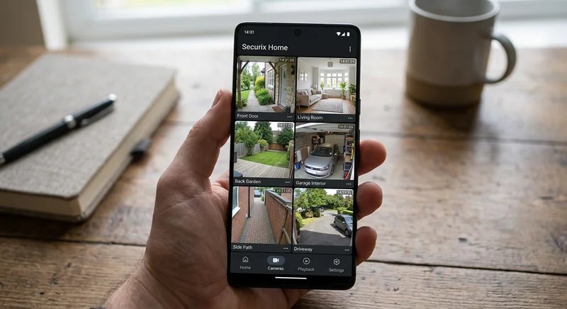스마트폰 앱 화면으로 여러 대의 CCTV 영상을 동시에 확인하는 모습