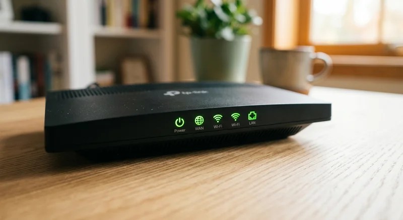 네트워크 연결 상태를 나타내는 불빛이 켜진 와이파이 공유기 근접 촬영 모습