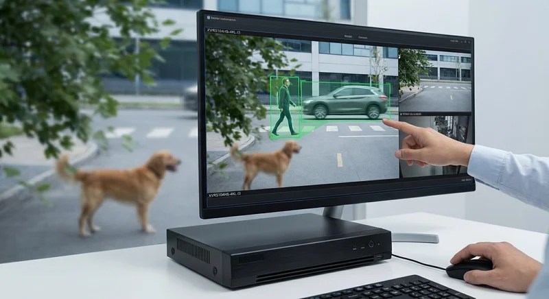 AI가 사람과 자동차를 감지하고 나뭇잎과 동물은 흐릿하게 처리하는 이미지