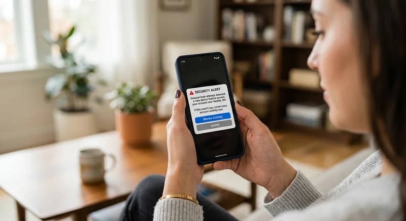 스마트폰 화면에 표시된 보안 알림 메시지를 확인하는 사람의 모습