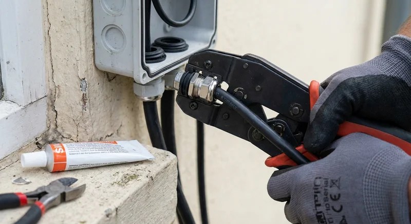 실외 CCTV 설치를 위한 방수 케이블 밀봉 과정을 근접 촬영한 모습