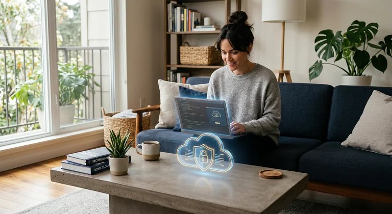 현대적인 가정 환경과 조화롭게 어우러진 보안 클라우드 데이터 아이콘 이미지