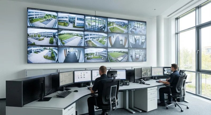 다수의 고화질 카메라 화면이 정렬된 모니터링실의 모습입니다